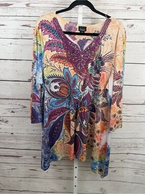 Simply Emma 3/4 Sleeve Floral Tunic - Orange, Cream, Black Plus Size 2X